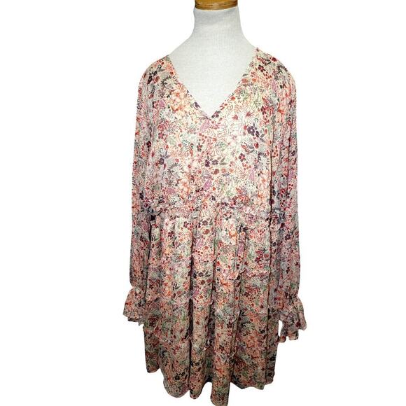 Torrid Boho Floral Tiered Long Sleeve Mini Dress –Size 4 (26/28) – Sheer Overlay - Picture 4 of 9